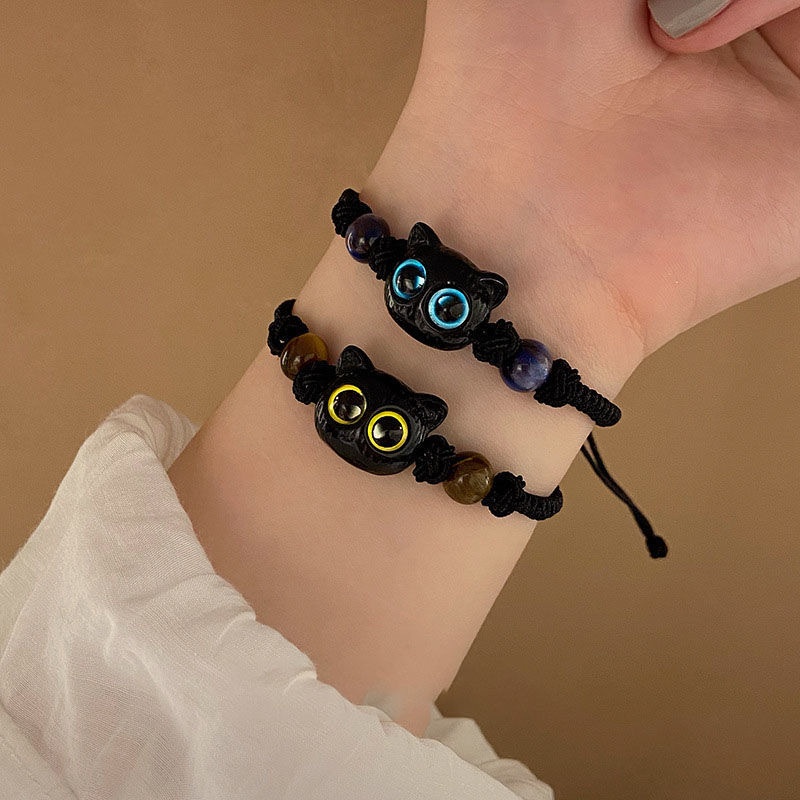 แมวดําทอเชือกมือคู่สร้อยข้อมือแฮนด์เมดย้อนยุคลูกปัดแหวนมือผู้หญิงน่ารักเครื่องประดับอุปกรณ์เสริม