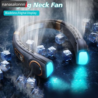 Nanasn| พัดลมไฟฟ้า แบบคล้องคอ หน้าจอดิจิทัล LED 1800mah ชาร์จ USB พร้อมไฟ สําหรับกลางแจ้ง ในร่ม L5R5