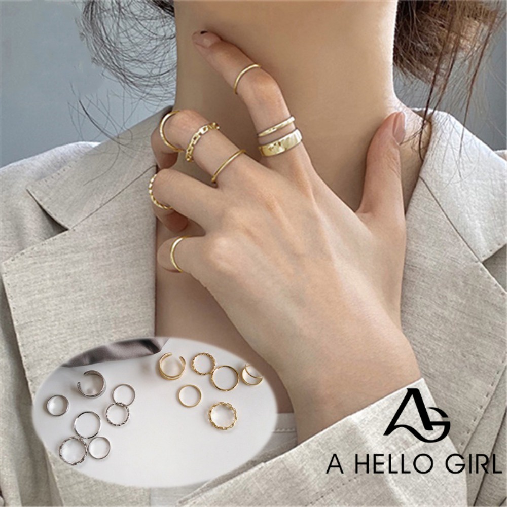 A HELLO GIRL ชุดเครื่องประดับ แหวนแฟชั่น สไตล์ฮิปฮอป เรโทร สีทอง สีเงิน สําหรับผู้หญิง 7 ชิ้น