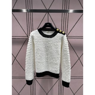 NDNV BALMAIN 2023 shoulder button decorative contrast color Mao Mao long sleeve knitted top