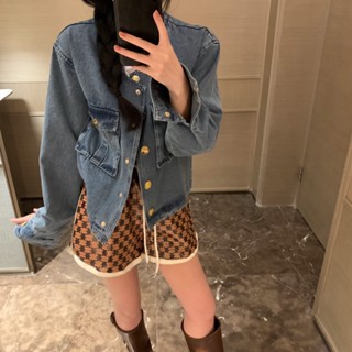 HTFL C- ELINE 2023 retro washed printed letter round neck short all-match denim coat