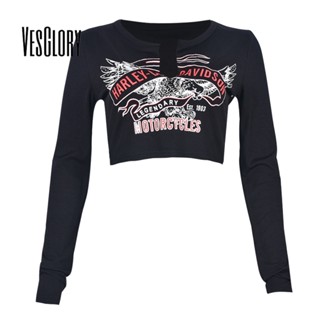 Vesglory เสื้อครอปท็อปแขนยาว คอกลม ทรงสลิมฟิต สีพื้น แฟชั่นสําหรับผู้หญิง 2023