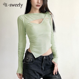 U-sweety เสื้อซีทรู แขนยาว กันแดด ทรงสลิมฟิต สีพื้น สําหรับผู้หญิง 2023