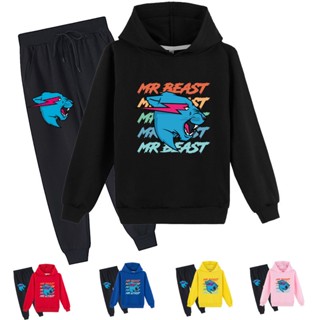 Mr. Beast Lightning Cat สําหรับเด็กอายุ 4-14 ปี เสื้อกันหนาวแขนยาว มีฮู้ด พิมพ์ลายการ์ตูนแมว และกางเกง แฟชั่นฤดูใบไม้ร่วง สําหรับเด็กผู้ชาย และเด็กผู้หญิง จํานวน 2 ชิ้น