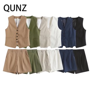 Qunz เสื้อกั๊กแฟชั่น ผ้าลินิน + กางเกงขาสั้น 17808