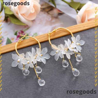 Rosegoods1 ต่างหูห่วง ประดับคริสตัล ชุบทองคําขาว 18K ลายดอกไม้ เครื่องประดับ สําหรับผู้หญิง