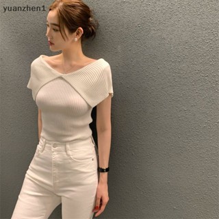 Yuan เสื้อยืด เปิดไหล่ ผ้าถัก หรูหรา สีพื้น สไตล์เกาหลี สําหรับผู้หญิง ZHN