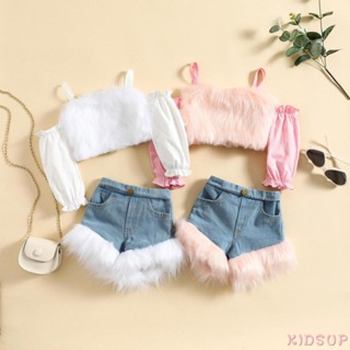 Kidsup1- เสื้อครอปท็อปแขนยาว ผ้ากํามะหยี่ขนนิ่ม และกางเกงยีนขาสั้น แต่งสายคล้องไหล่ สําหรับเด็กวัยหัดเดิน