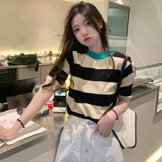 👚Anna👚 ​เสื้อไหมพรมคอกลม แต่งลายขวาง สไตล์เกาหลี เนื้อผ้าไม่หนาไม่บาง ย้อนยุค 3 สี9137