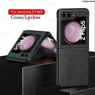 For Samsung Galaxy Z Flip5 ZFlip5 Flip 5 5G Case Lychee Pattern Leather Hard Cover Cross pattern Protect Shell