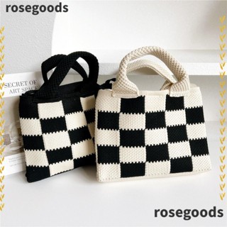 Rosegoods1 กระเป๋าถือลําลอง ผ้าถัก ขนาดเล็ก ใช้ซ้ําได้ สีขาว สีดํา สําหรับนักเรียน