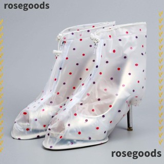 Rosegoods1 รองเท้าบูทส้นสูง กันฝน กันลื่น พิมพ์ลายดอกไม้ จุดคลื่น สีขาว ไซซ์ XL 1 คู่