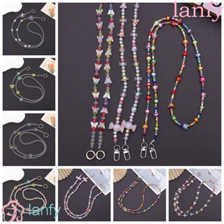 Lanfy สายโซ่คล้องโทรศัพท์มือถือ ประดับลูกปัด รูปผีเสื้อ ดอกไม้ สีแคนดี้ แบบยาว