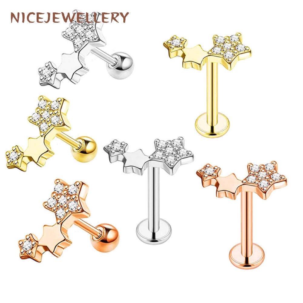 1 PC ผ่าตัดต่างหูสตั๊ด Rhinestone กระดูกอ่อน Helix Stud Rose Gold Star Earlobe Conch เจาะ