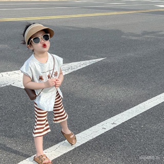 Girls suit summer 2023 new Korean style childrens wear long short-sleeved T-shirt casual top baby striped pants AOAJ