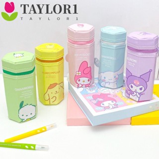 Taylor1 กระเป๋าดินสอ หนัง PU ทรงหกเหลี่ยม ลายการ์ตูน Pompompurin Cinnamoroll Kuromi สีดํา สําหรับโรงเรียน สํานักงาน