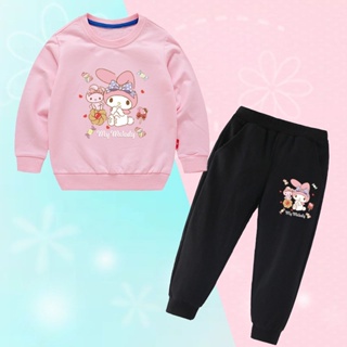 ชุดเสื้อกันหนาว แขนยาว ลายการ์ตูน My Melody และกางเกงลําลอง แฟชั่นฤดูใบไม้ผลิ และฤดูใบไม้ร่วง สําหรับเด็กผู้หญิง 2023 2 ชิ้น