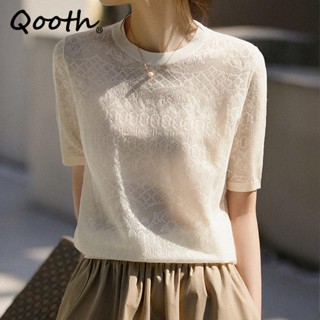 Qooth เสื้อคอกลม แขนสั้น ผ้าถัก หรูหรา แฟชั่นฤดูใบไม้ผลิ ฤดูร้อน สําหรับผู้หญิง QT2067