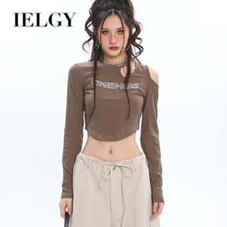 IELGY เสื้อยืดแขนยาว คอกลม เปิดไหล่ พิมพ์ลายตัวอักษร แบบบาง สําหรับผู้หญิง