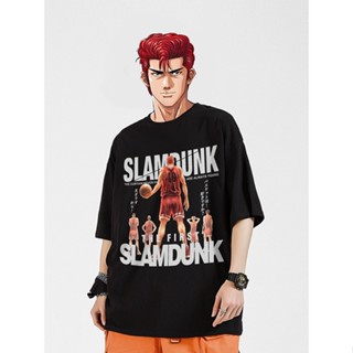 เสื้อยืดคอกลม แขนสั้น พิมพ์ลายกราฟฟิค SLAM DUNK ขนาดใหญ่ สีดํา แฟชั่นฤดูร้อน สไตล์ญี่ปุ่น สําหรับผู้ชาย