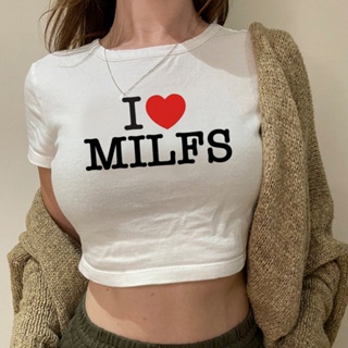 เสื้อครอปท็อป ลายกราฟฟิค i heart milfs yk2 yk2 สไตล์วินเทจ แฟชั่นเกาหลี สําหรับผู้หญิง