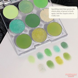 [ราคาต่ำ] 9สี Glitter Eye Shadow Palette สีฟ้า-สีเขียว Fresh Retro สีเขียวมะกอก Shimmer Matte กันน้ำยาวนานอายแชโดว์ [Prettylady]