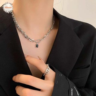 AHOUR Personality Women Necklace Simple Men Sweater Chain Clavicle Chain Creative Irregular Chain Black Square Pendant Choker Couple Necklace Titanium Steel Korean Style Necklace/Multicolor