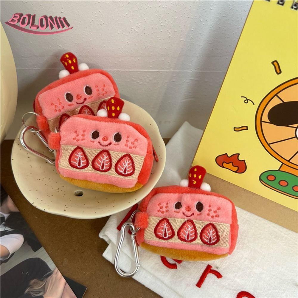 Bo กระเป๋าใส่เหรียญ ขนาดเล็ก กระเป๋าใส่ลิปสติก ของขวัญสําหรับเด็ก เย็บปักถักร้อย ตุ๊กตาสตรอเบอร์รี่ เค้ก หูฟัง เคสซิป กระเป๋าสตางค์