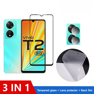 3 in 1 ฟิล์มกระจก Vivo T2 5G กระจกนิรภัยเต็มแผ่นกันรอยหน้าจอพร้อมตัวป้องกันกล้อง Y02A Y100 Y100A Y11 2023 Y53t 5G Y01 Y16 Y22 Y22s Y02s &amp; ฟิล์มหลัง / เลนส์กล้อง