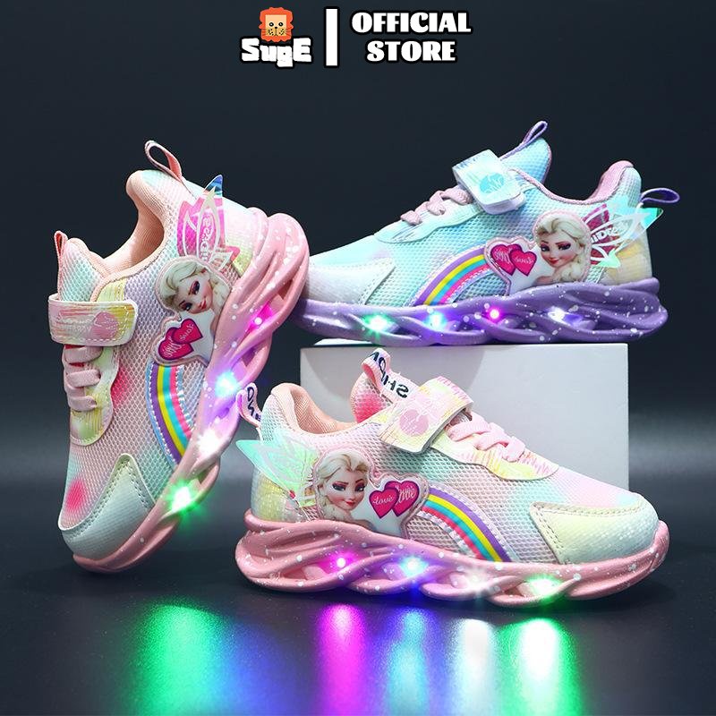SUGE รองเท้ากีฬาลําลอง มีไฟ LED ลายการ์ตูนเจ้าหญิงเอลซ่า สําหรับเด็กผู้หญิง