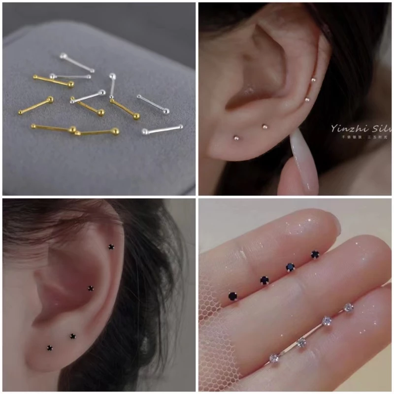 ต่างหูเงิน S925 ประดับลูกปัด เพทาย ทรงกลม ขนาดเล็ก 3 มม. สําหรับผู้หญิง 1 คู่