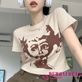 Demonlores- เสื้อครอปท็อป แขนสั้น พิมพ์ลายแอปสแตรกท์ ทรงหลวม สไตล์เรโทร ฤดูร้อน สําหรับผู้หญิง ใส่ไปปาร์ตี้ สตรีทแวร์