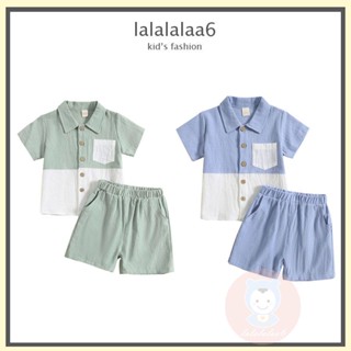 Laa6 ชุดเสื้อเชิ้ตแขนสั้น และกางเกงขาสั้น สีตัดกัน สําหรับเด็กผู้ชาย 2 ชิ้น