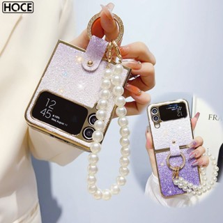 Hoce ZFLIP5 เคสโทรศัพท์มือถือแบบแข็ง แต่งกลิตเตอร์ ไล่โทนสี หรูหรา พร้อมสายคล้อง ประดับมุก สําหรับ Samsung Galaxy ZFlip4 ZFlip3 5G