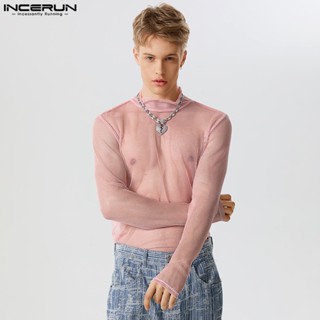 Incerun เสื้อยืด แขนยาว สีชมพู วิบวับ