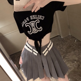 CELINE 23 summer new fashion printed logo letter short sleeve + slimming waist pleated skirt set M0GD