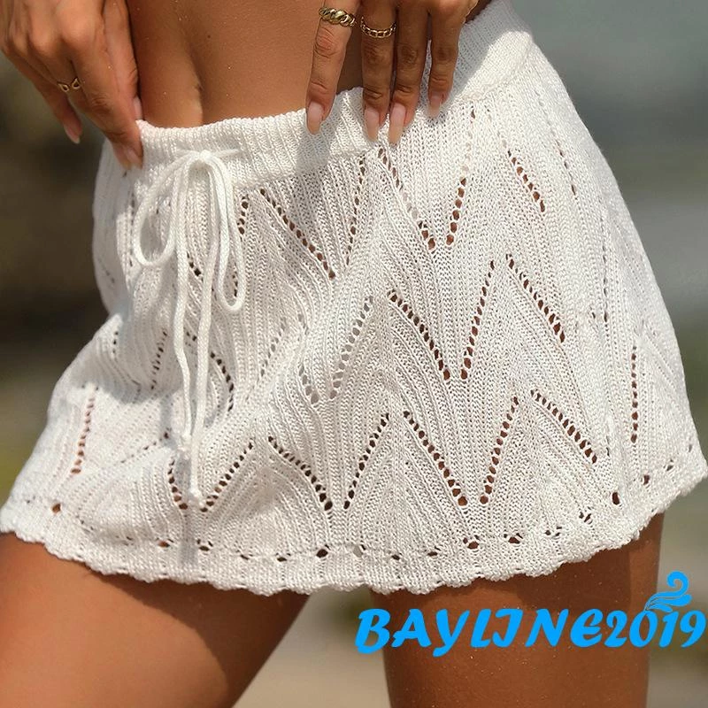 (จัดส่งในกรุงเทพฯ)-women โครเชต์ Cover Up กระโปรงฤดูร้อน Drawstring เอวสูง Beach Coverups ถักกระโปรงมินิ
