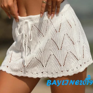 (จัดส่งในกรุงเทพฯ)-women โครเชต์ Cover Up กระโปรงฤดูร้อน Drawstring เอวสูง Beach Coverups ถักกระโปรงมินิ