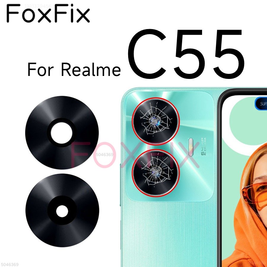 เลนส์กล้องด้านหลังด้านหลังสําหรับ Realme C55 RMX3710 เปลี่ยนฝาครอบกระจกกล้องพร้อมสติกเกอร์กาว