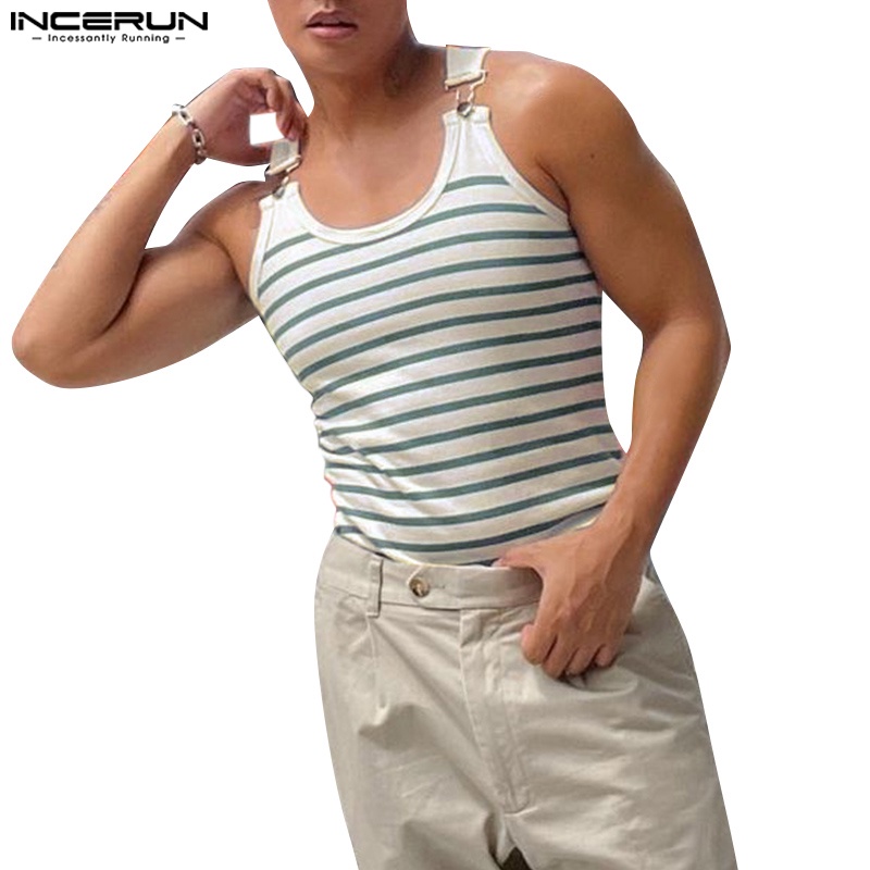 Incerun เสื้อกล้ามถัก หัวเข็มขัด สีฟ้า สีขาว