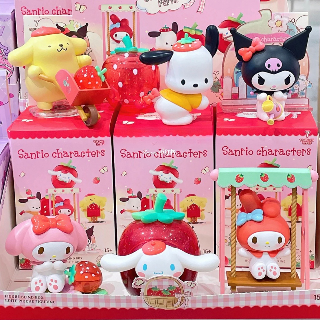 【ของแท้】MINISO ชุดกล่องสุ่ม ตุ๊กตาฟิกเกอร์ Sanrio Strawberry Farm 6 ชิ้น