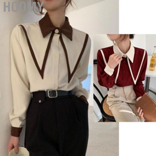 Hoomy Long Sleeve Blouse  Soft Long Sleeve Button Down Blouse Stylish Polyester Fiber Color Blocked  for Office