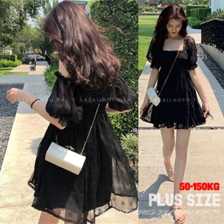 Plus size เสื้อผ้าสาวอวบ❤ เดรสสาวอวบอ้วน ไซส์ใหญ่ ผู้หญิง มินิเดรส ทรงหลวม แขนสั้น คอเหลี่ยม สีดำ ฤดูร้อน สไตล์เกาหลีแฟชั่น