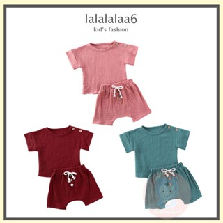 Laa6- เสื้อคอกลม แขนสั้น สีพื้น + กางเกงยางยืด ระบายอากาศ ใส่สบาย สําหรับเด็ก