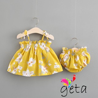 Geta- ชุดเอี๊ยมเสื้อสายเดี่ยว เปิดไหล่ ทรงสามเหลี่ยม แต่งจับจีบ ลายดอกไม้ และกางเกง ประดับโบว์ แฟชั่นฤดูร้อน สําหรับเด็กผู้หญิง 3 ชิ้น