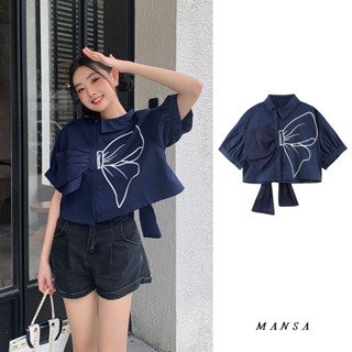 MANSA navy blue sweet bow shirt เสื้อ โอเวอร์ไซส์