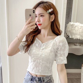 เสื้อครอป แต่งลูกไม้ เข้ารูป เข้ากับทุกการแต่งกาย แฟชั่นฤดูร้อน สไตล์เกาหลี สําหรับผู้หญิง