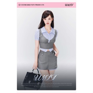 Ueemii/Preppy Style Stitching Lapel Waist-Controlled Shirt Set with Tie &amp; Belt ชุดเซ็ตเสื้อเชิ้ตกระโปรงกางเกงลายทาง