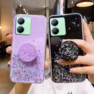 Y35 Y36 Y52 Y72 Y76 Y76s Y77 5G Bling Glitter Star Silicone Case Luxury Foil Powder Soft TPU Back Cover Crystal Sequins Flexible Shine Protective Phone Casing with Popsocket Stand POP Socket