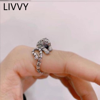 Livvy แหวนแฟชั่น ลายเสือ สไตล์วินเทจ โกธิค ฮิปฮอป สีเงิน สําหรับผู้ชาย